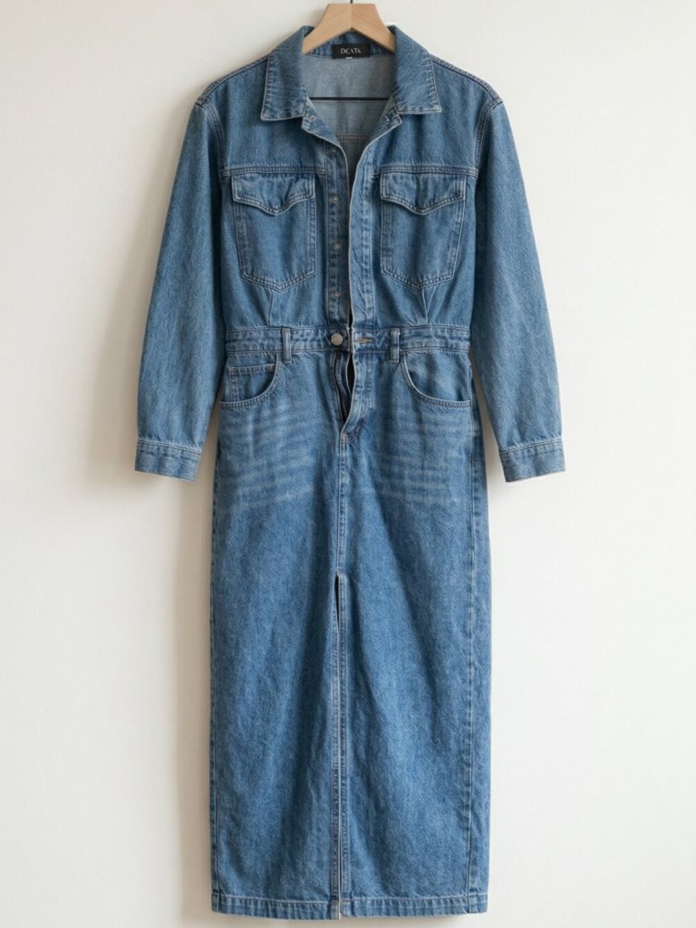 fab'rik Vevret Denim Maxi Dress Size Small Long Sleeve Button Front Raw Hem Slit